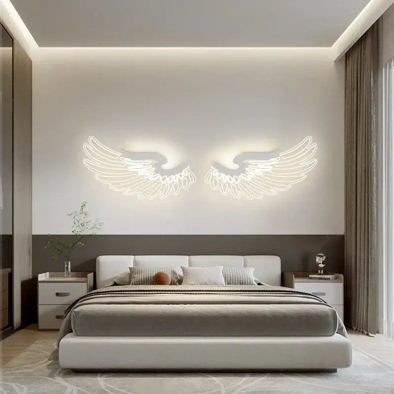 DecorBites™ angel wings rgb led wall lamp glowing white neon light fixture mounted above bed for bedroom decor