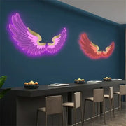Decorbites™ angel wings rgb led wall lamp featuring glowing purple and red-orange neon wings with gold accents for living spaces