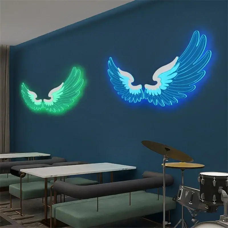 Decorbites angel wings rgb led wall lamp glowing in vibrant green and blue neon for living room bedroom bar