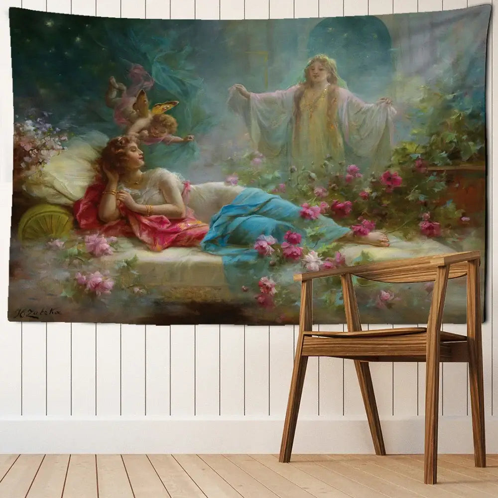 A soft painterly oil painting tapestry by DecorBites featuring classical figures and vibrant pink flowers for room decor