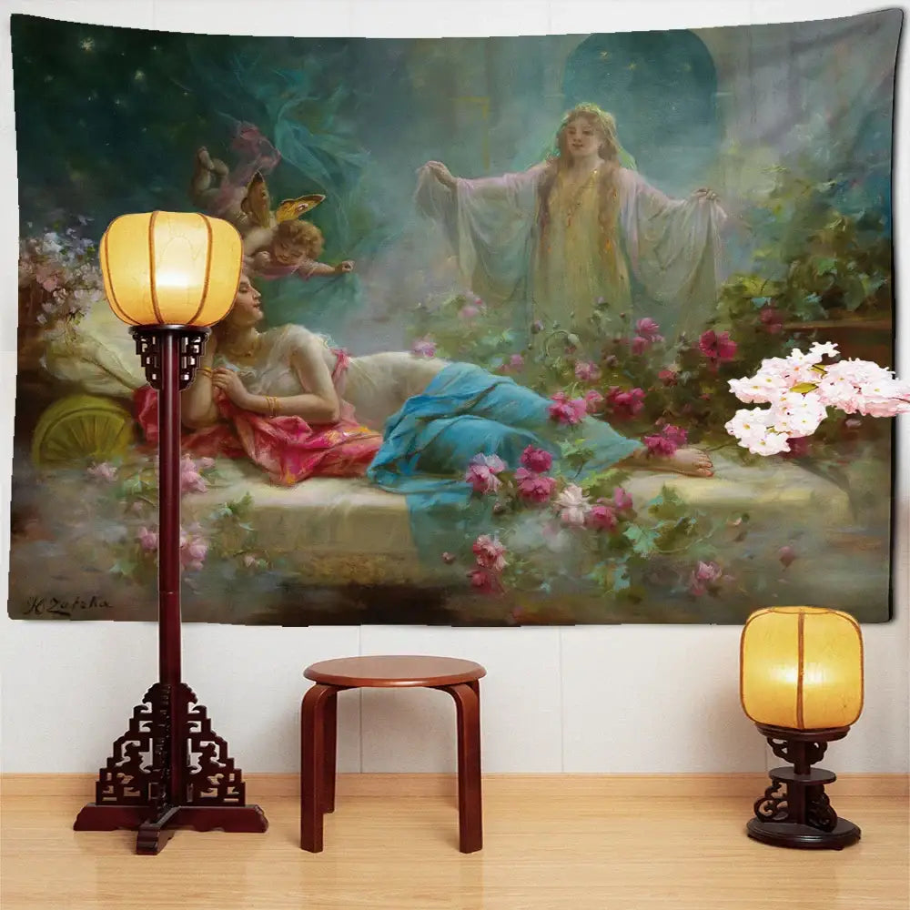DecorBites™ angels and beauty misty oil painting tapestry wall hanging with pastel garden scene for room decor