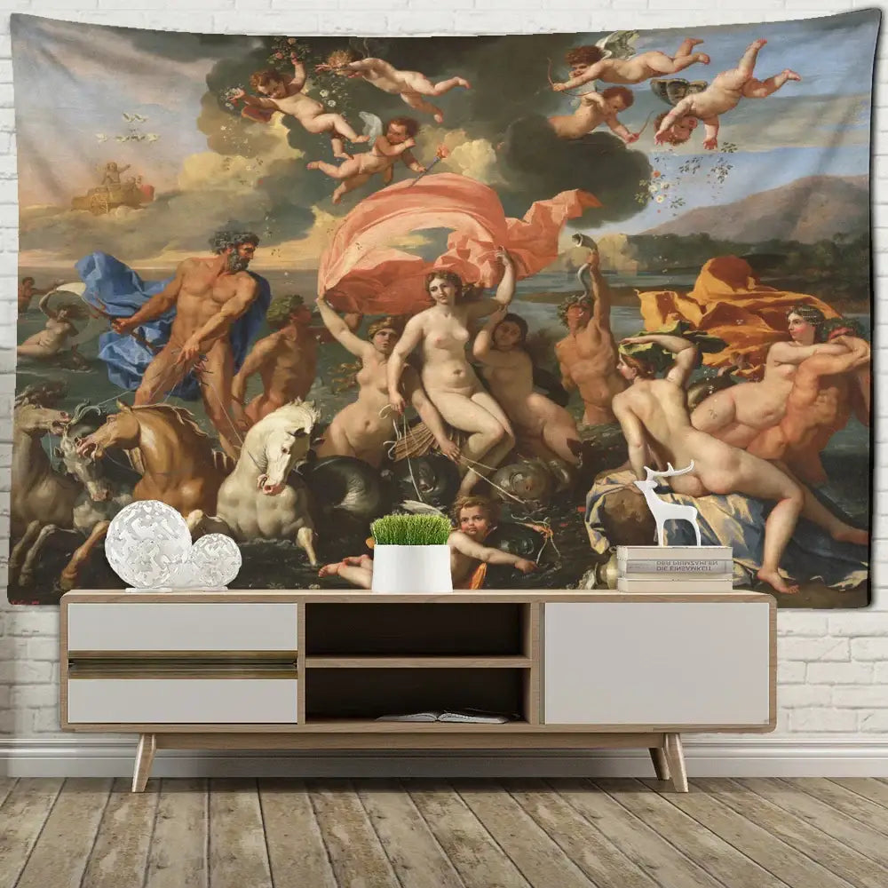 A large rectangular oil painting tapestry by decorbites featuring beauty misty oil nude figures and cherubs for room decor