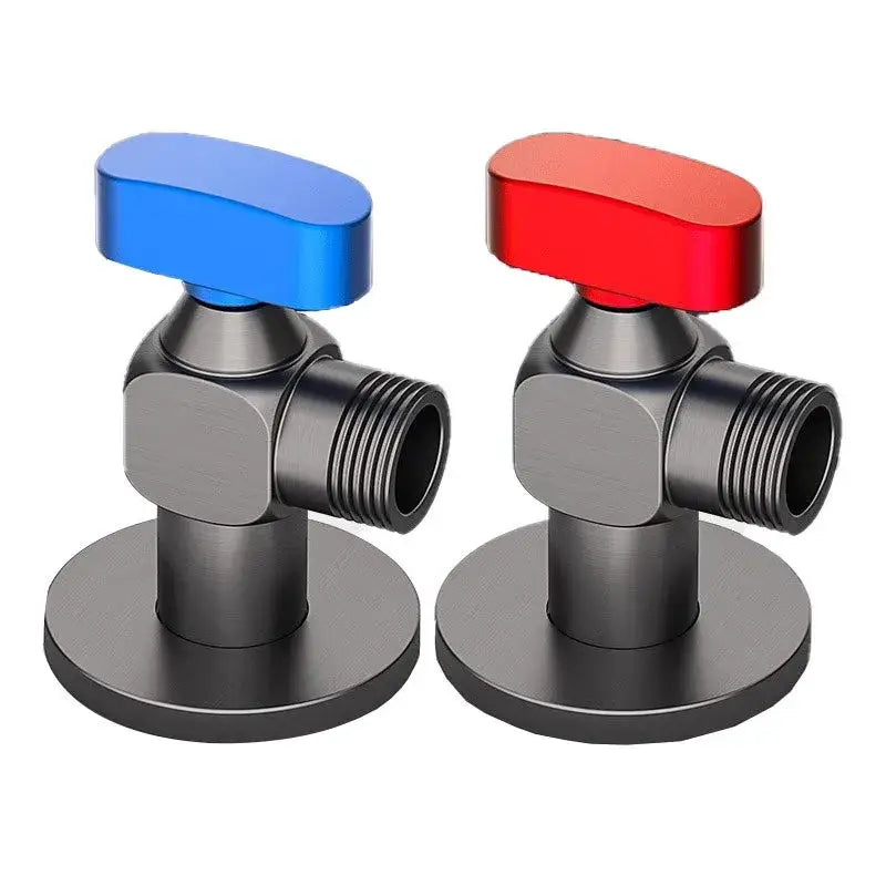 A pair of matte black brass decorbites angle valves with blue and red ergonomic handles for wall mounted water control