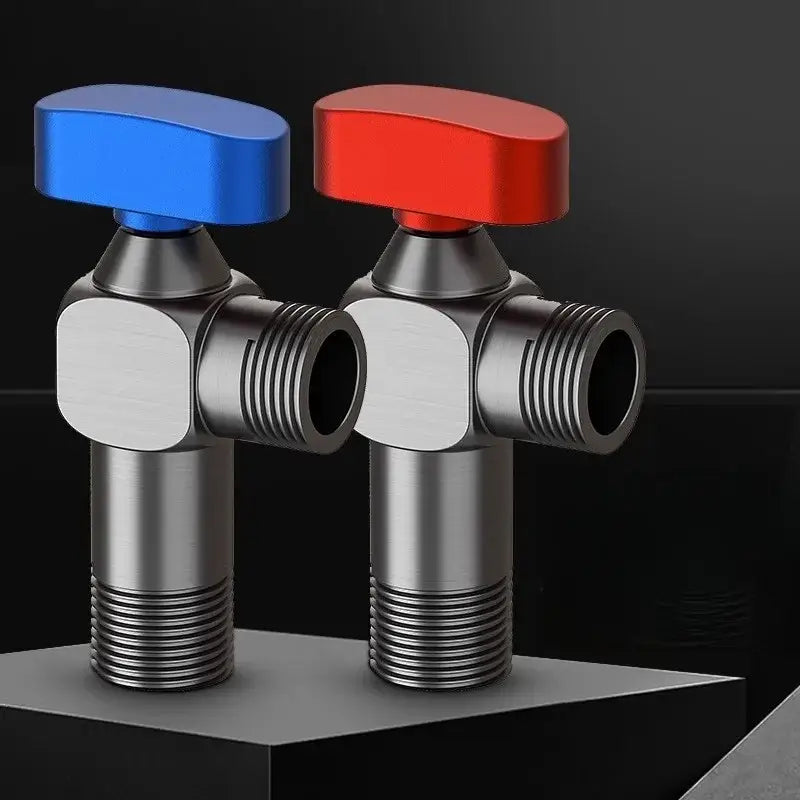 Decorbites™ angle valve with blue and red toggle handles and brushed stainless steel body for wall mounted water volume control