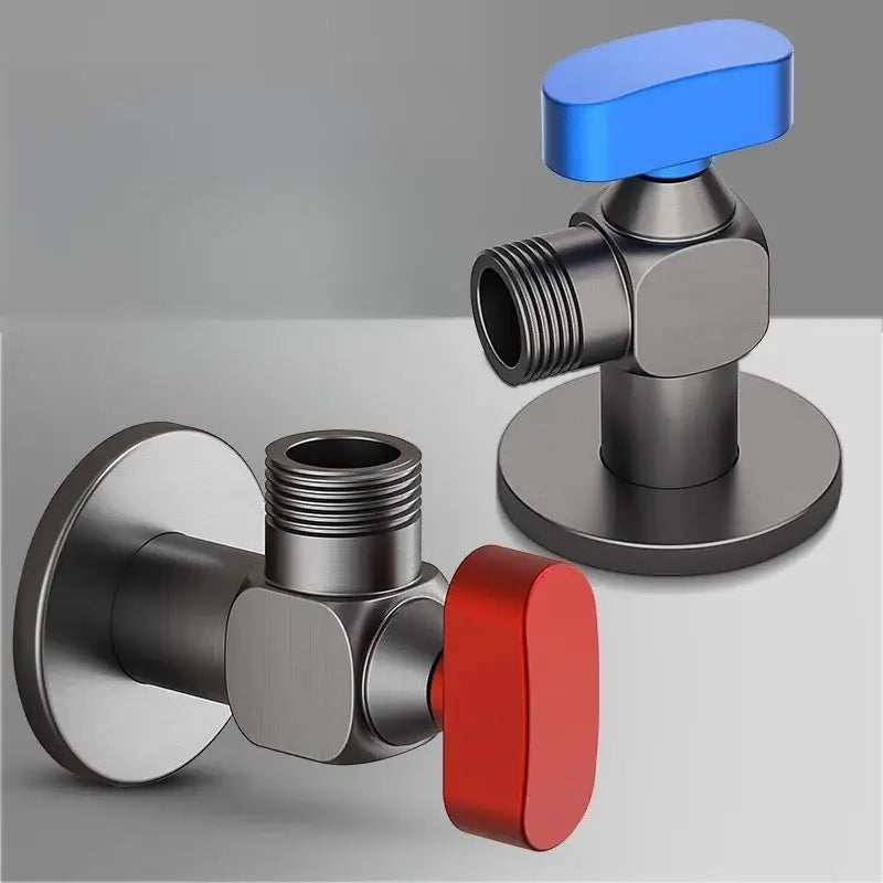 Decorbites™ wall mounted angle valve with metallic red and blue handles for cold and hot water volume control