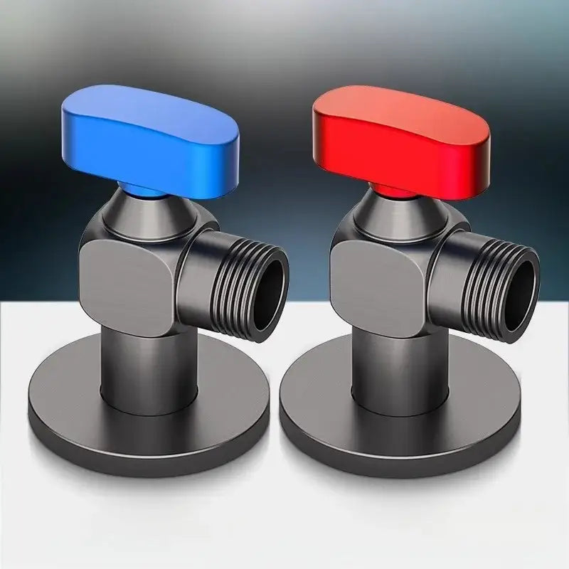 DecorBites angle valve with blue and red handles and matte black metallic body for wall mounted water volume control