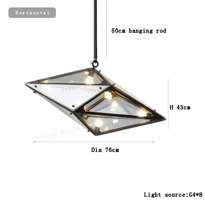 Geometric glass chandelier ceiling light with black metal frame and multiple bulbs featuring angular diamond glass design