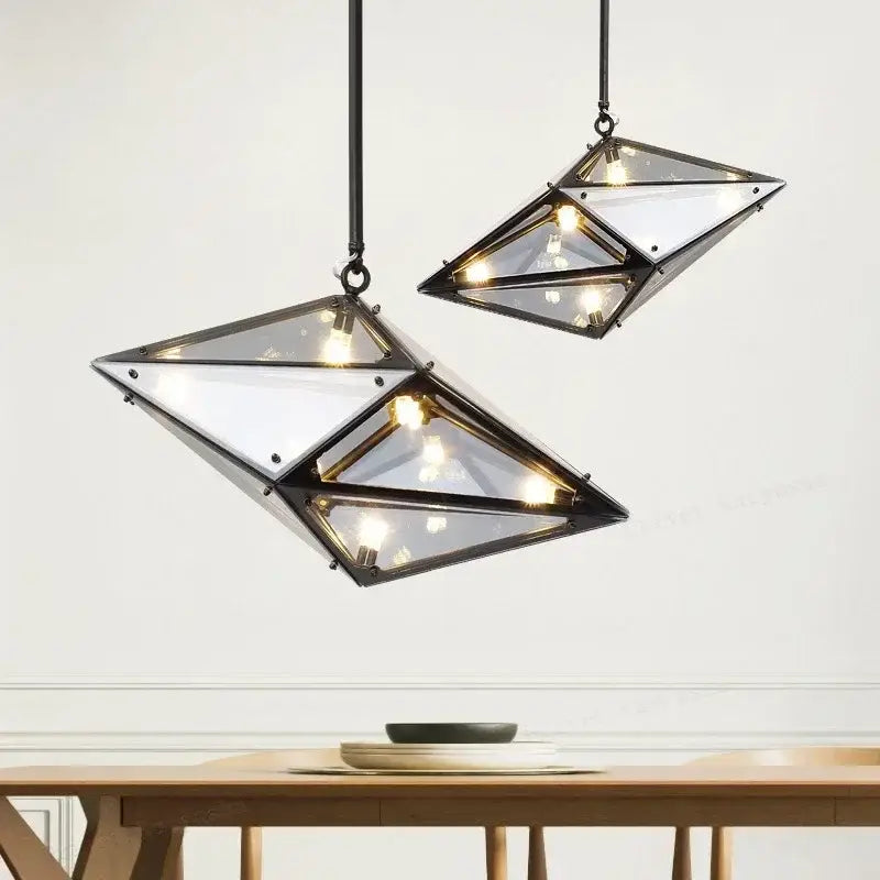 DecorBites™ angular diamond glass chandelier with black metal frame and warm lighting for ceiling home decor