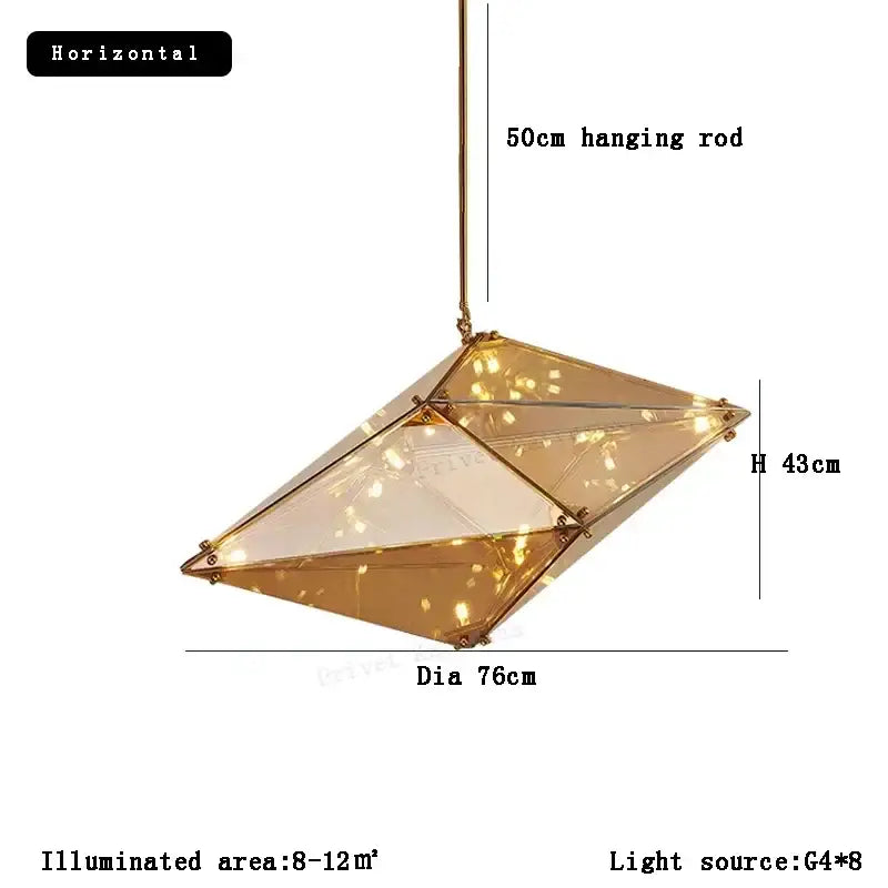 Decorbites™ angular diamond glass chandelier ceiling light with warm golden finish and clear glass panels housing string lights