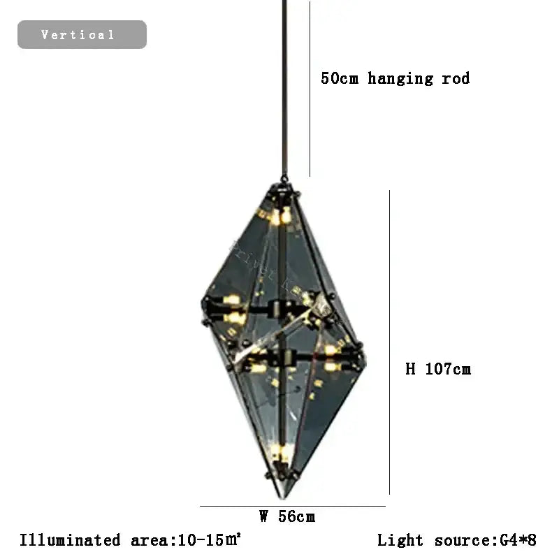 Decorbites™ angular diamond glass chandelier ceiling light with dark metallic frame and clear glass panels featuring eight g4 bulbs