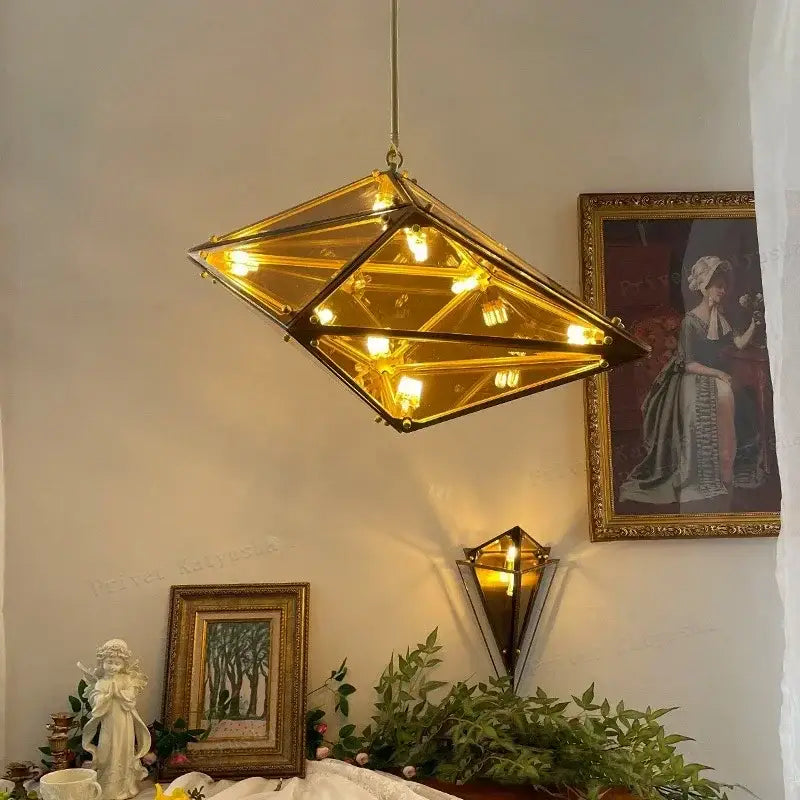 DecorBites angular diamond glass chandelier ceiling light with golden geometric pendant and brass accents
