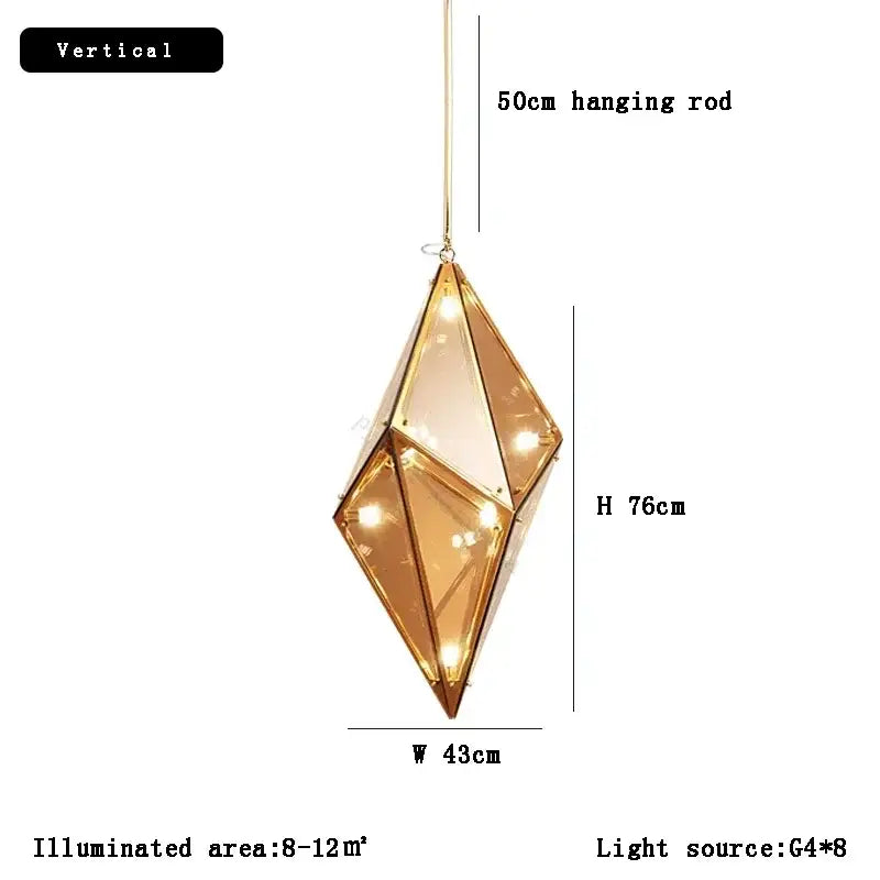 DecorBites angular diamond glass chandelier features a faceted amber glass and gold-toned frame glass chandelier ceiling light