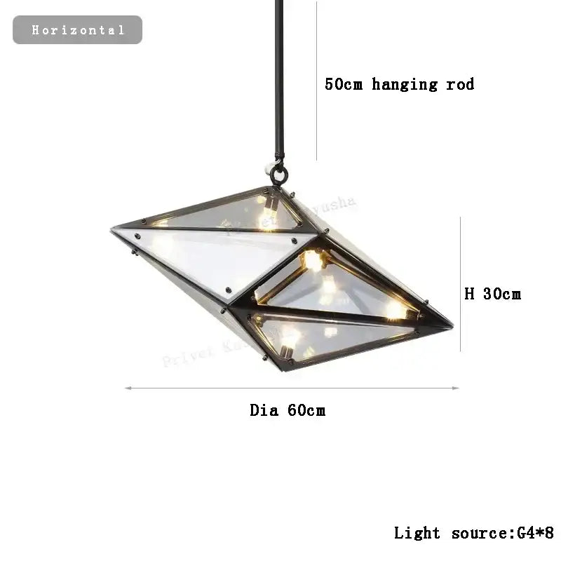 DecorBites™ angular diamond glass chandelier with black metal frame and clear panels for stylish home decor lighting
