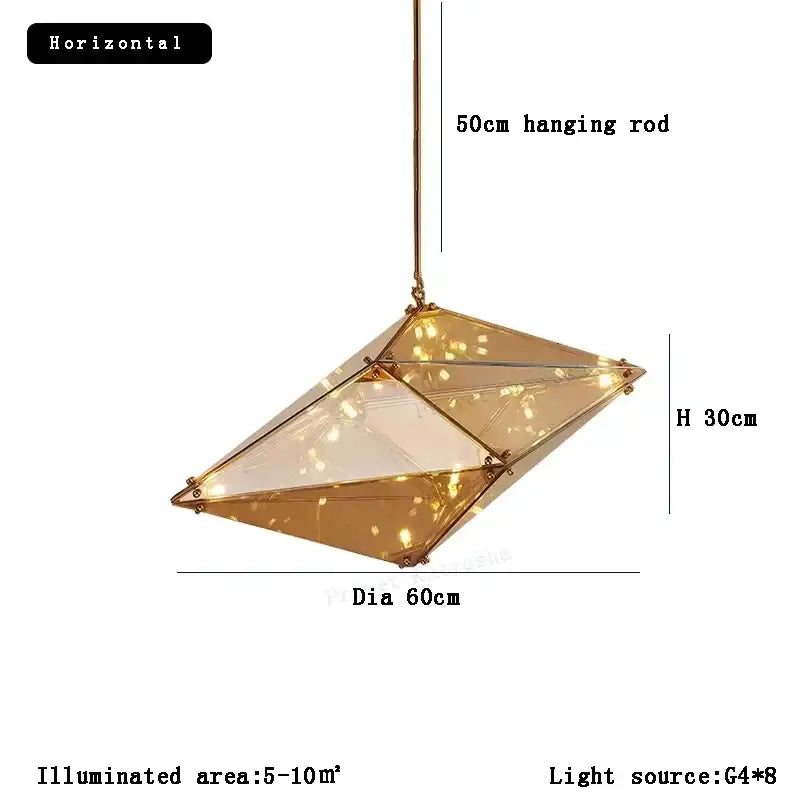 DecorBites angular diamond glass chandelier with gold-toned metal frame and embedded led lights for ceiling decor
