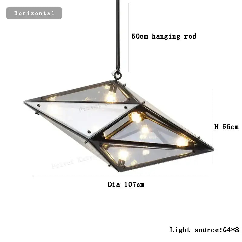 DecorBites™ angular diamond glass chandelier ceiling light with clear glass panels and black metal frame for home decor