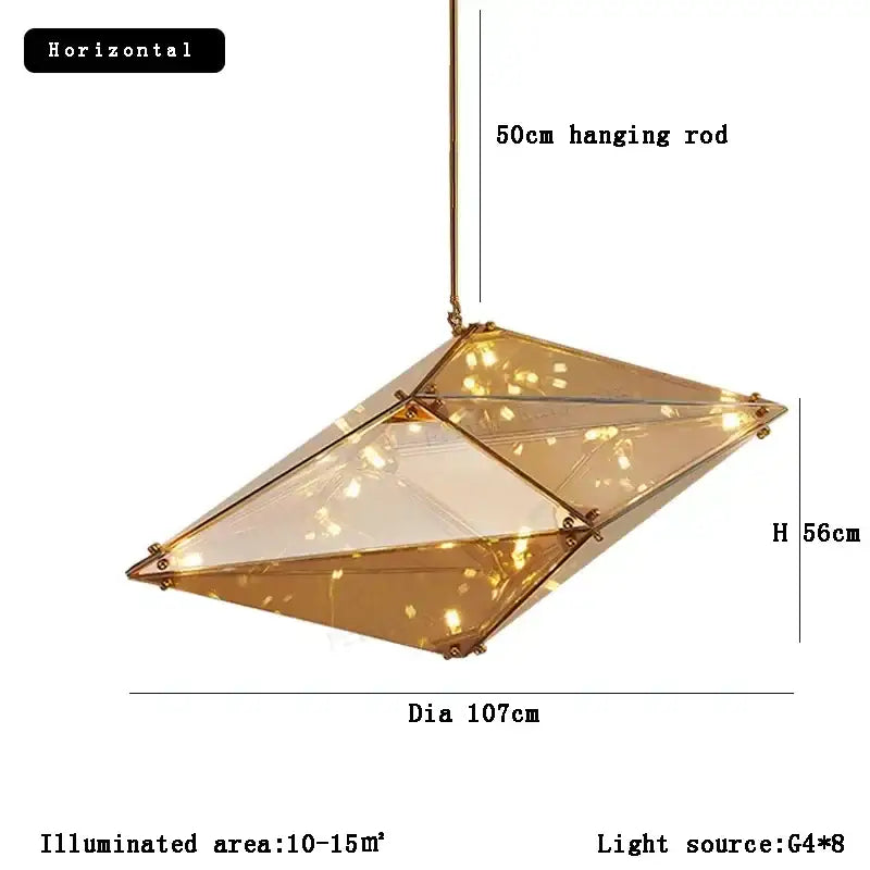 Decorbites angular diamond glass chandelier ceiling light with translucent amber glass and brass frame with led lights