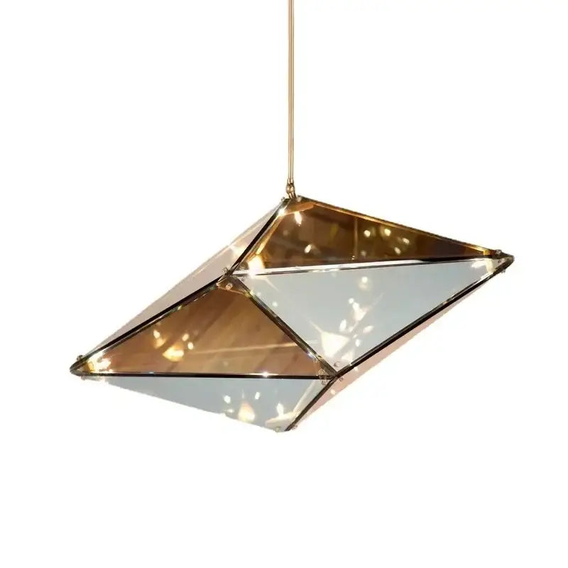 Decorbites angular diamond glass chandelier ceiling light with faceted amber and clear glass panels framed in brass