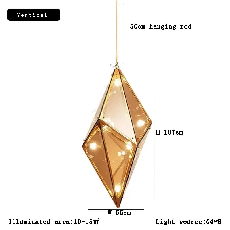 Golden angular diamond glass chandelier ceiling light with faceted diamond-shaped design and warm internal illumination