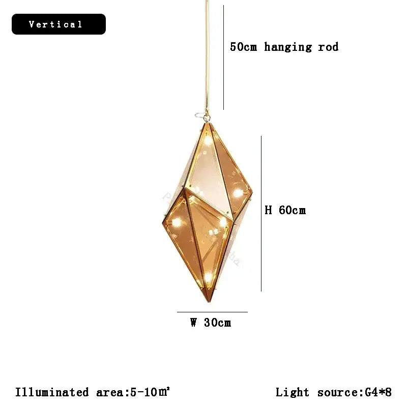 Gold-toned angular diamond glass chandelier pendant lamp with faceted design and internal led lighting for home decor
