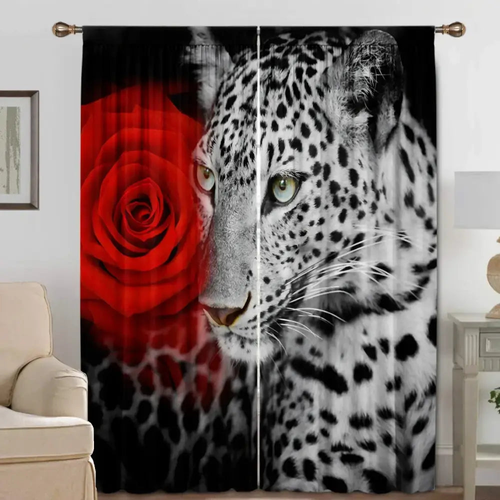 DecorBites™ animal avatars printed 2pc sheer curtains feature a black-and-white leopard face and vibrant red rose design