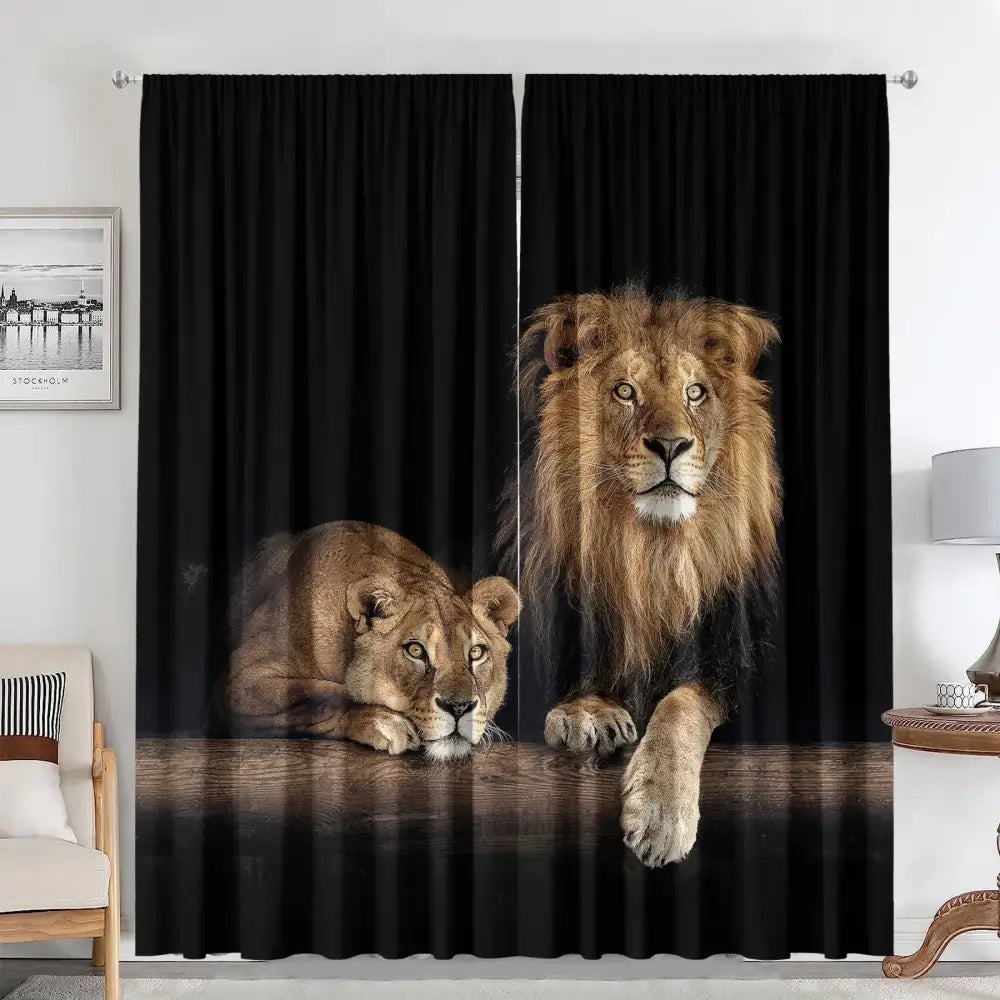 Black curtains with detailed animal avatars printed lion design in golden brown for living room and kitchen decorbites avatars printed 2pc