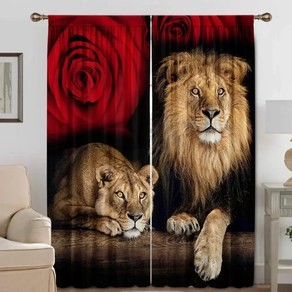Black animal avatars printed 2pc curtains featuring detailed lion and lioness print with a large red rose for living rooms