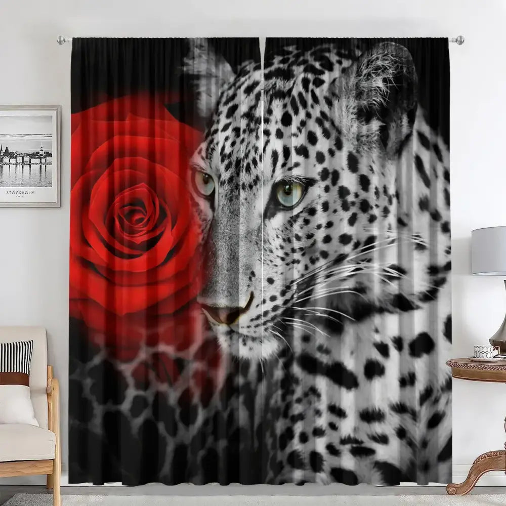 Decorbites animal avatars printed 2pc curtains featuring black and white leopard face and vibrant red rose design