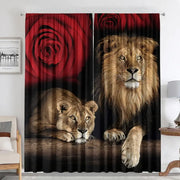 Decorbites™ animal avatars printed 2pc curtains featuring realistic lions and deep red roses on black background for living room