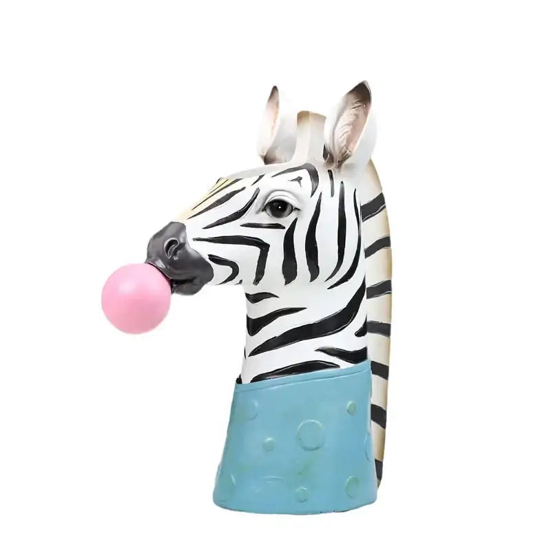 Decorbites animal bust succulent vase in hand-painted resin featuring a whimsical zebra head with bubble gum blowing