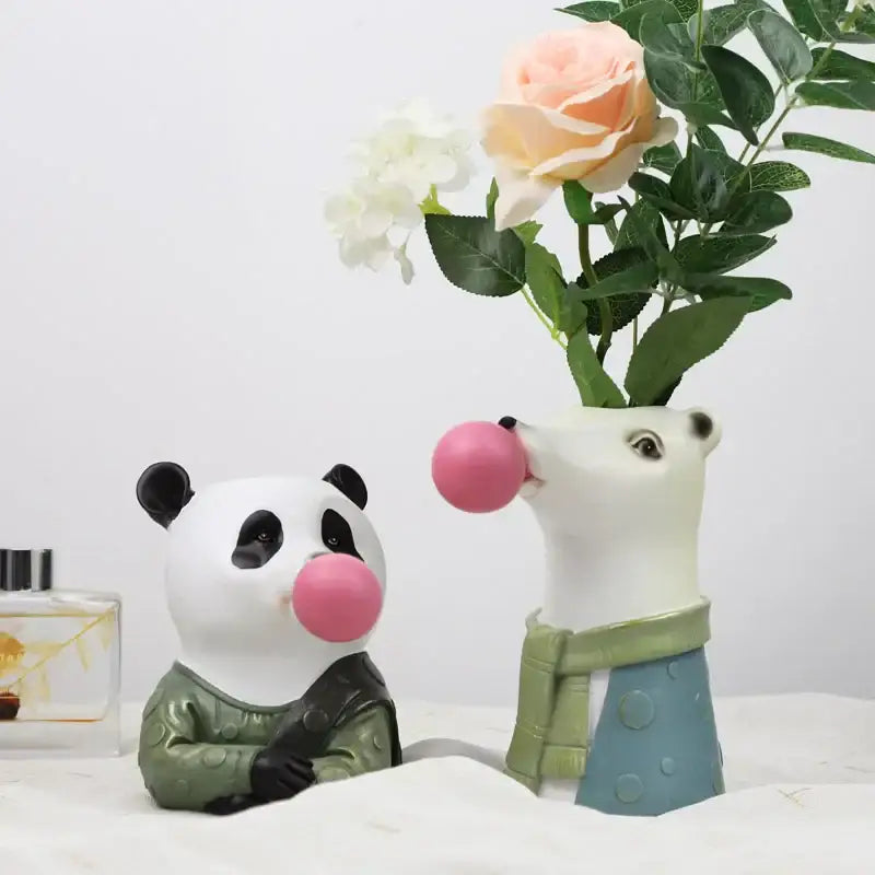 White and green hand-painted resin animal bust succulent vase with pink bubble design from decorbites
