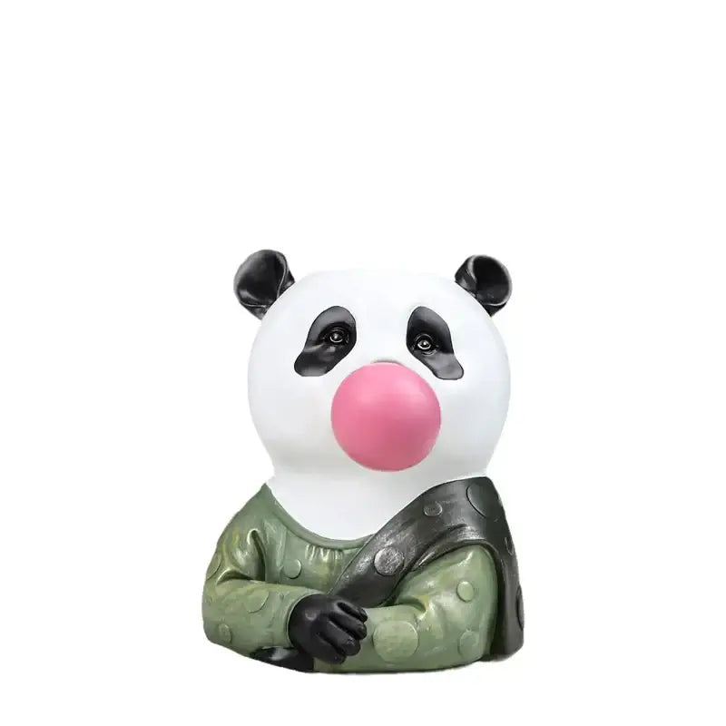 A hand-painted resin panda animal bust succulent vase with white face black ears pink nose and olive green outfit