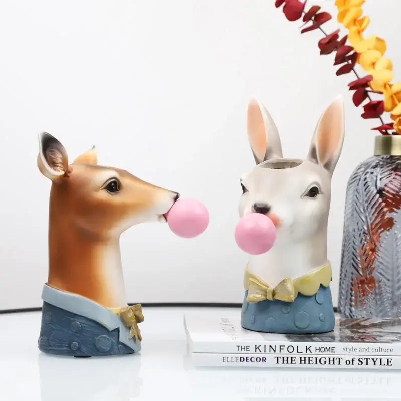 White rabbit animal bust succulent vase hand-painted resin with blue polka-dot pants blowing pink bubble gum