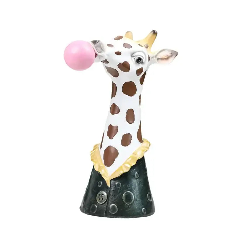Whimsical white and brown giraffe animal bust succulent in hand-painted resin wearing black coat blowing pink bubblegum