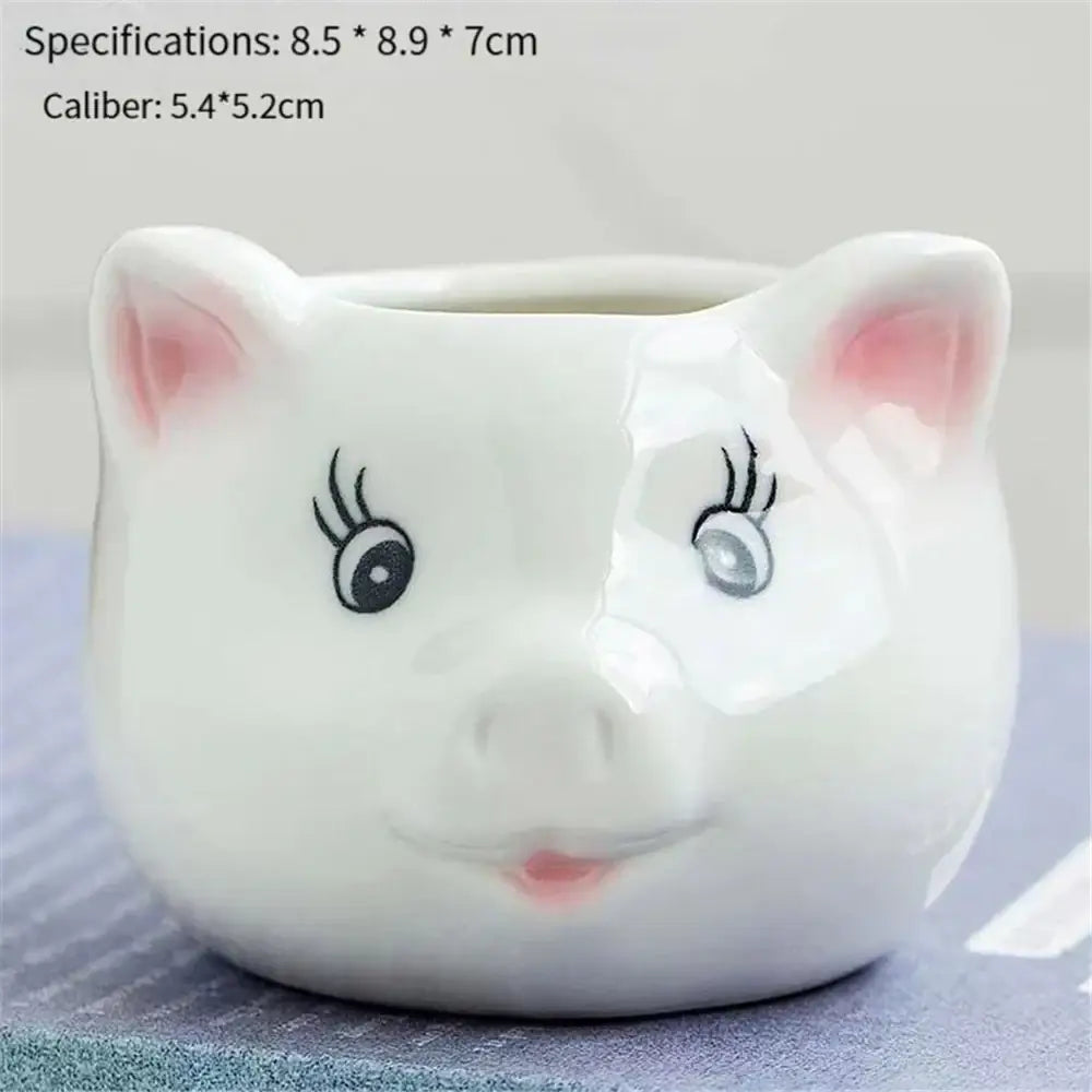 White ceramic pig-shaped animal cartoon ceramic flowerpot with pink ears and black eyelashes for nursery planting