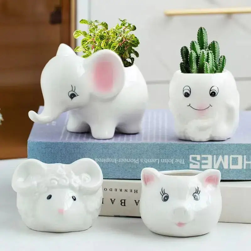 DecorBites animal cartoon ceramic white planters with pink accents cartoon ceramic flowerpot for nursery planting