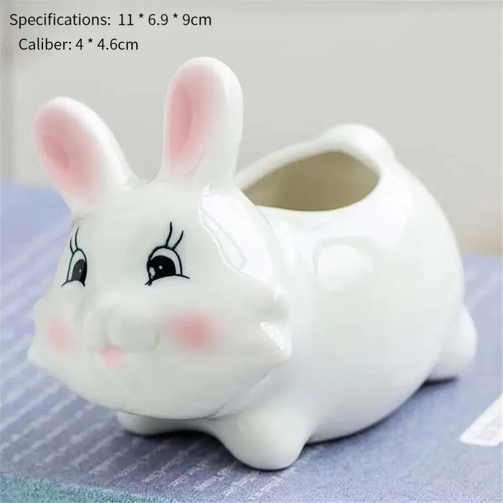 DecorBites™ animal cartoon ceramic bunny flowerpot with white ceramic, pink ears, rosy cheeks for nursery planting