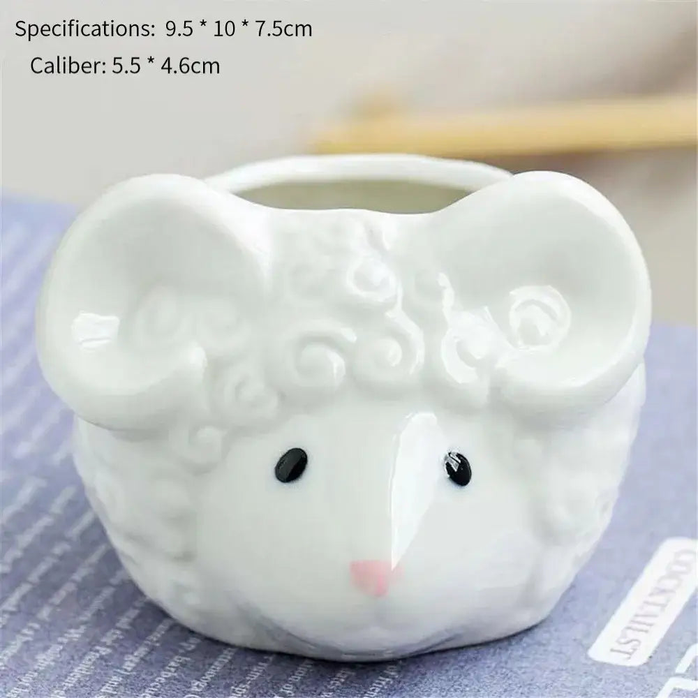 Decorbites™ animal cartoon ceramic white mouse planter with black eyes and pink nose for nursery planting