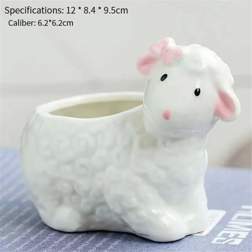 White ceramic animal cartoon ceramic sheep planter with pink bow ears and nose for nursery planting decor