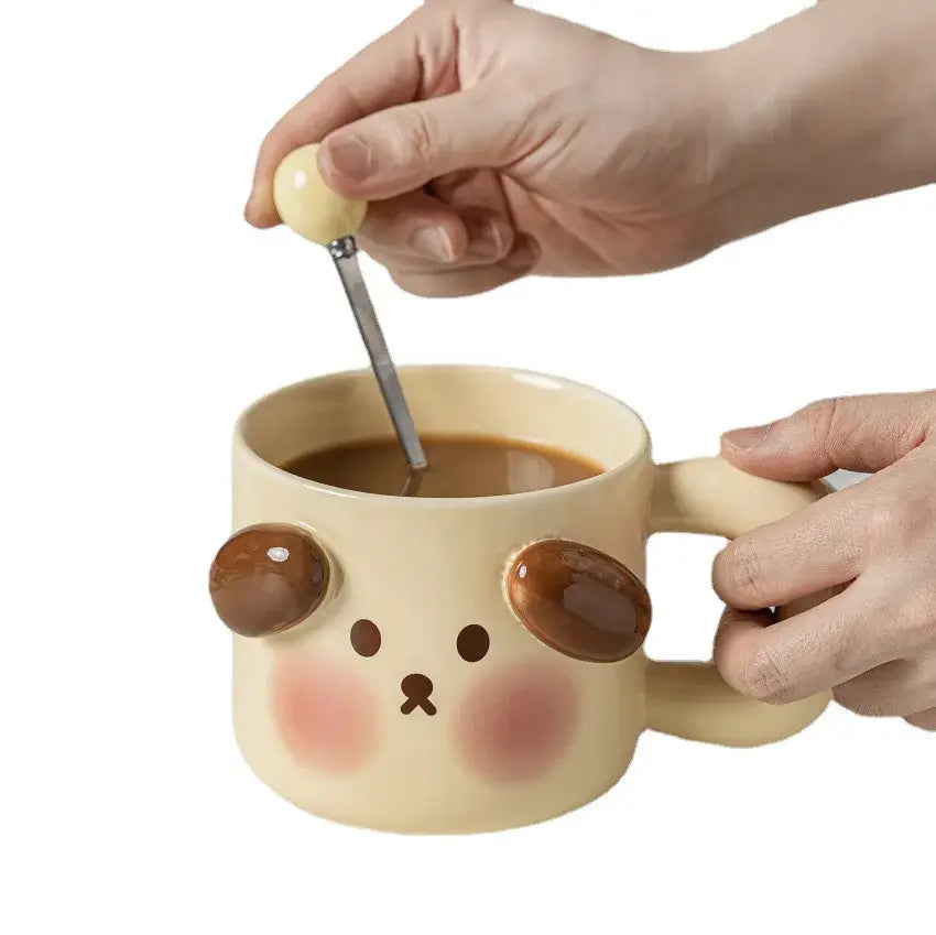 Cream-colored animal ceramic mug with brown ears and pink cheeks from the DecorBites ceramic mug set for coffee