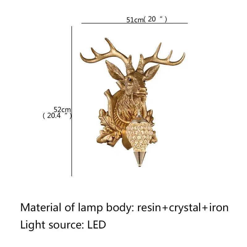 Golden resin deer head led wall lights with crystal and iron accents featuring an LED light source for home decor