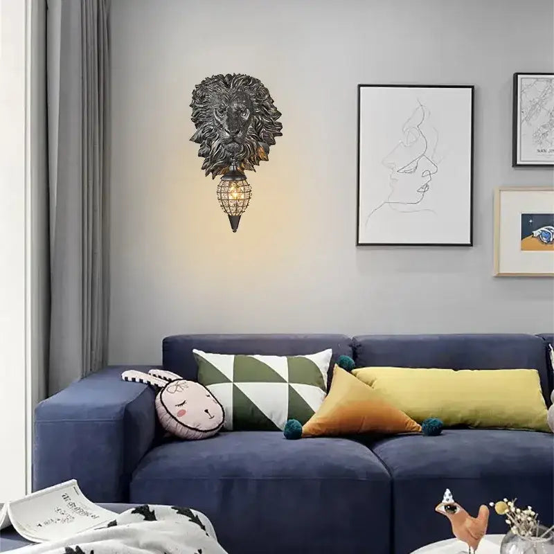 DecorBites™ dark bronze lion-head LED wall lights with crystal-encrusted lampshade for home bedroom decor