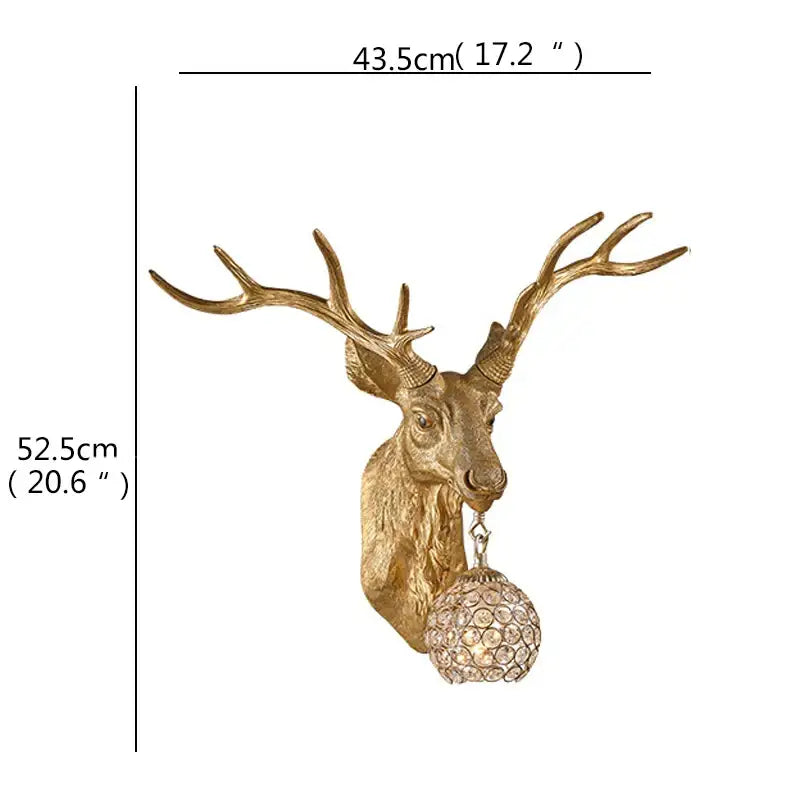 Golden deer head led wall lights with intricate antlers and dangling crystal ball for home bedroom decor