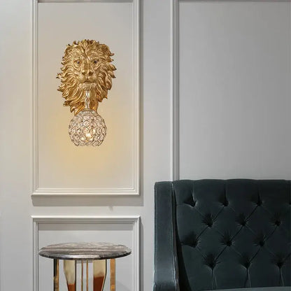 Golden lion-head led wall light with crystal-encrusted globe base for home bedroom decor by DecorBites