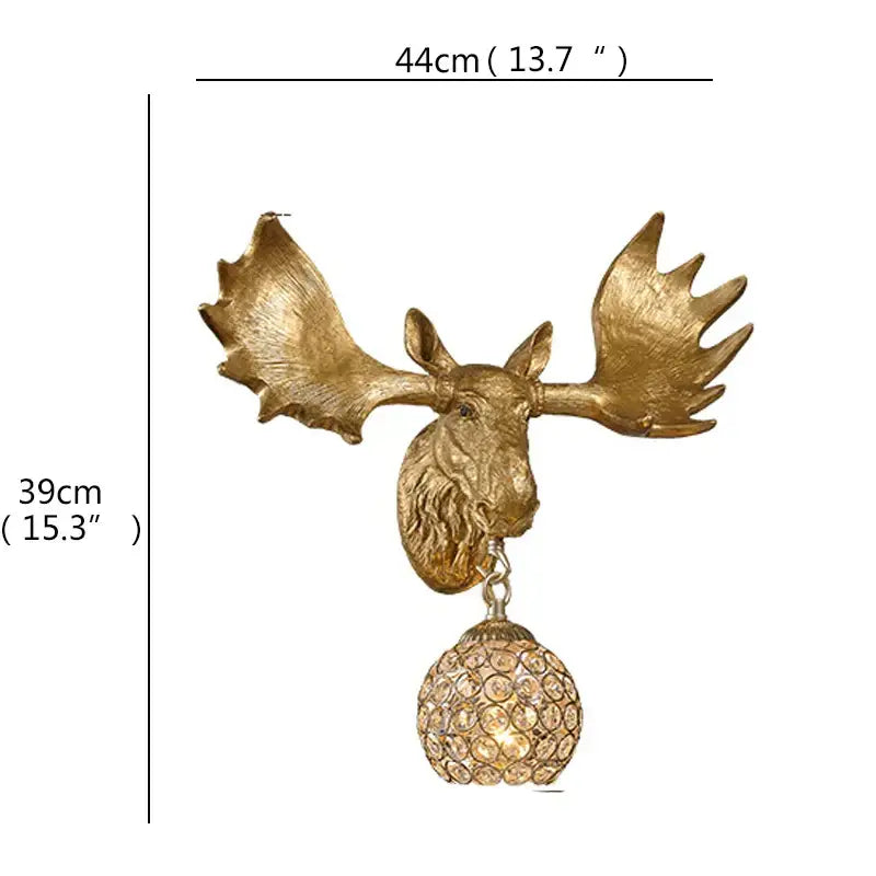 Golden moose head led wall light with ornate antlers and dangling crystal globe for home bedroom decor by decorbites