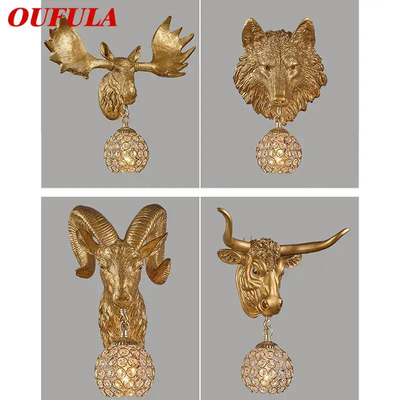 Gold-colored DecorBites™ animal design sconce led wall lights with crystal globe shades featuring moose wolf ram and bull