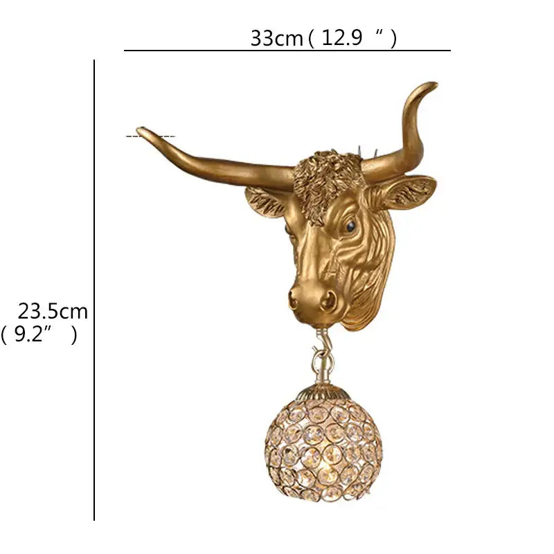 Golden longhorn head wall sconce with dangling crystal globe light by decorbites™ LED wall lights for home decor