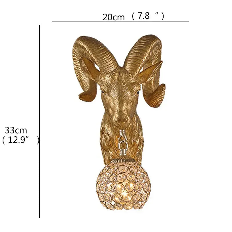 Golden ram head led wall light with crystal-encrusted globe fixture by decorbites for home bedroom decor