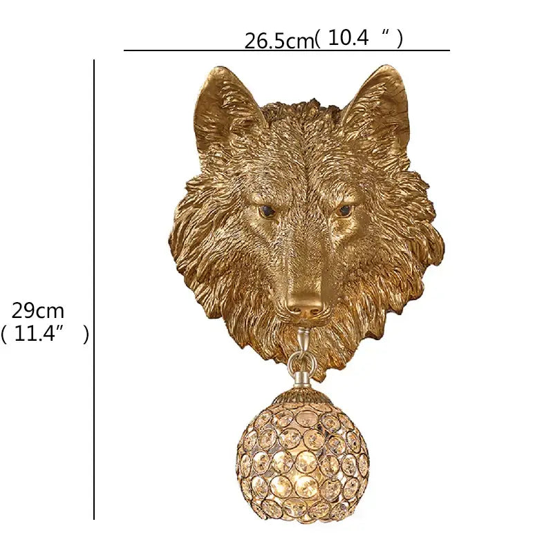 Golden wolf-head led wall lights with crystal-encrusted globe hanging below for home bedroom decor by decorbites