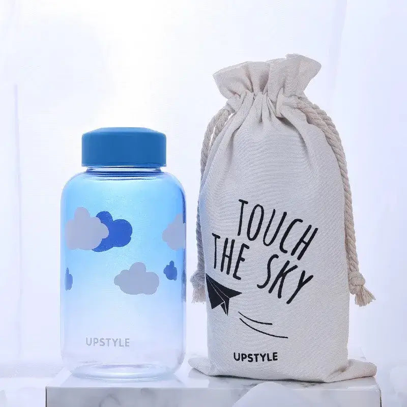 Decorbites™ blue cloud-patterned glass water bottle with matching lid, cute kawaii design for outdoor use
