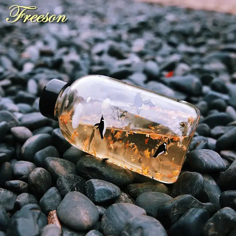 Clear glass DecorBites™ glass water bottle with black cap, golden liquid, dried orange flowers, and penguin decorations